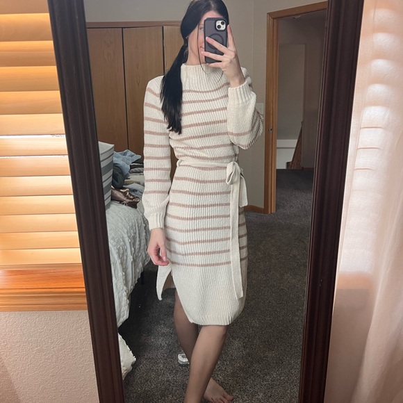 Allison Brittney Dresses & Skirts - Allison Brittney Striped Sweater Dress - Midi - White and Brown Striped